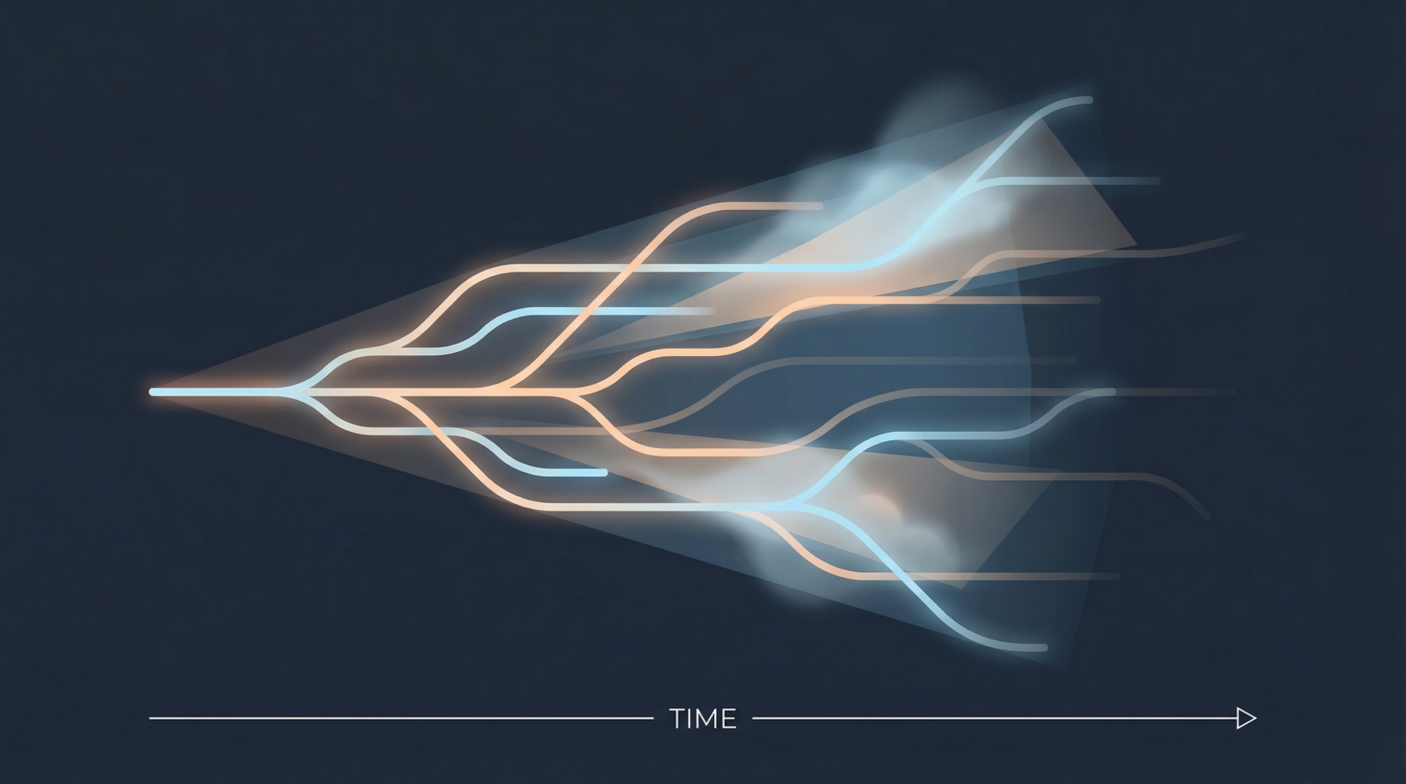 Abstract illustration of branching action spaces expanding over time